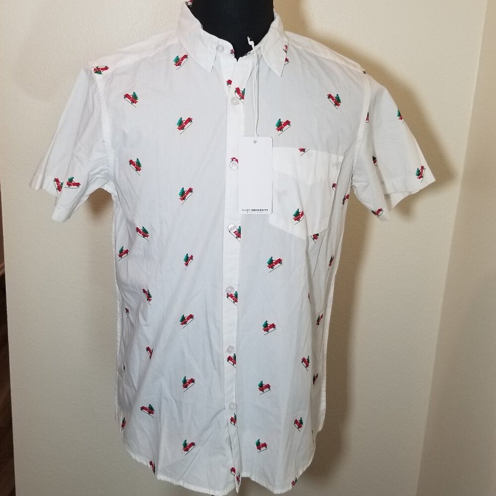 Rugby University White Christmas Button Up Short Sleeve Shirt Mens Medium NWT